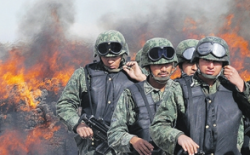 Soldiers stand next to 7.6 tonnes of marijuana being incinerated at a military base in Ciudad Juarez earlier this month. Efforts to control the drug trade in Mexico have unleased a torrent of violence that has led to more than 30,000 deaths. (Photo by Gael Garci)